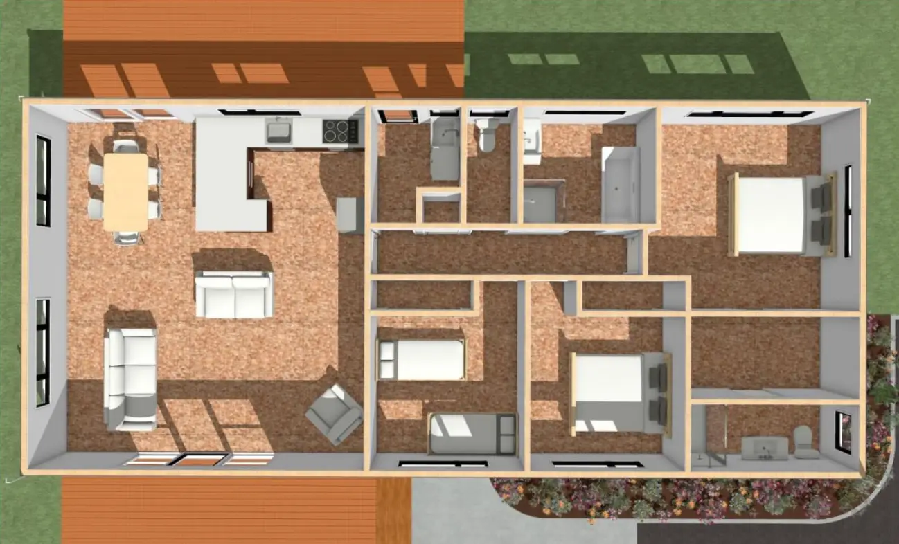 Top-down layout view of the 116 m2 three-bedroom re-locatable house