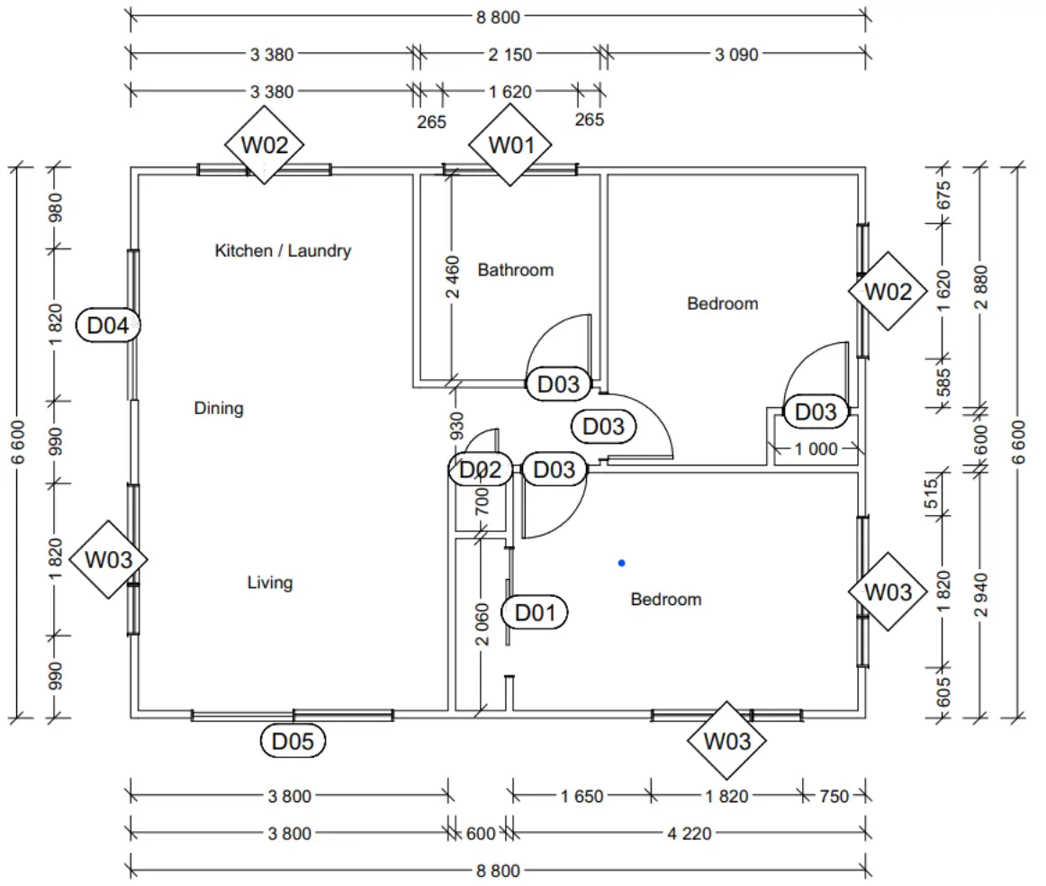 Floor plan of the 58 m2 two-bedroom re-locatable house