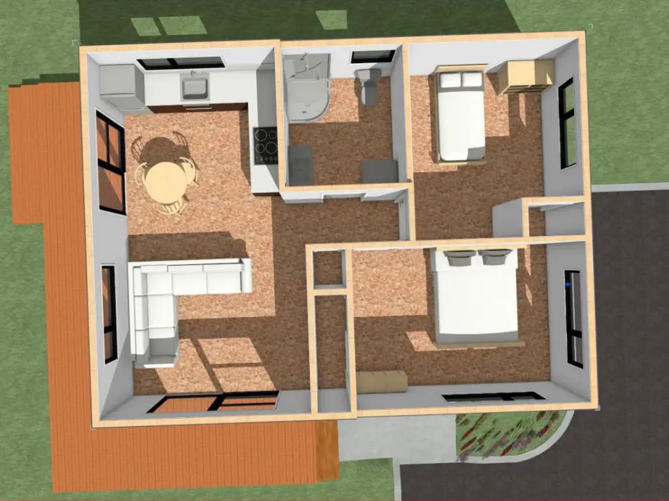 Top-down layout view of the 58 m2 two-bedroom re-locatable house